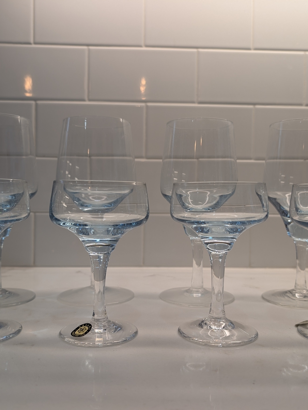 Mid-Century Modern Light Blue Sasaki Glass Wine Glasses & Cocktail Coupes - Set